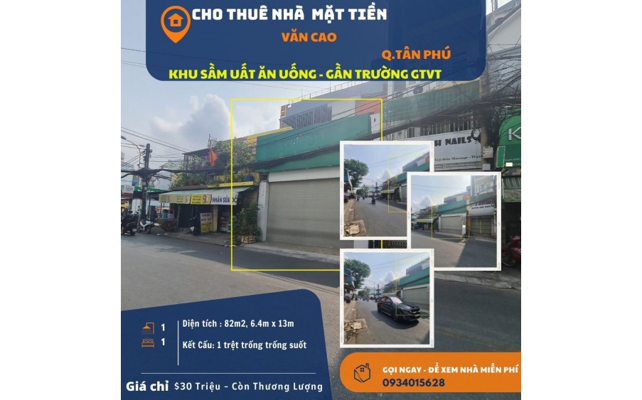 Cho thuê nhà Mặt Tiền Văn Cao 82m2, 30 triệu, gần ngã tư